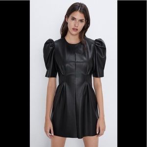 Zara FAUX LEATHER BLACK PUFF SLEEVE DRESS